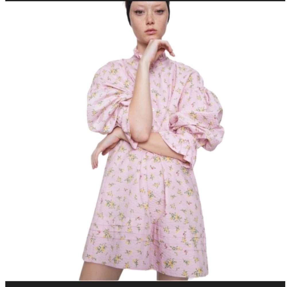 Zara Pink Floral Seersucker Puff Sleeve Ruffle Mini Dress XS light summer pastel